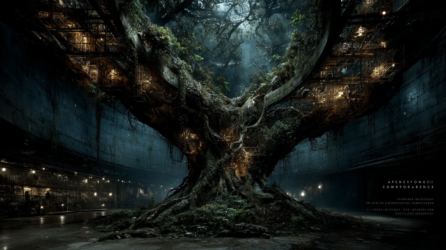 A giant tree growing inside a concrete brutalist structure